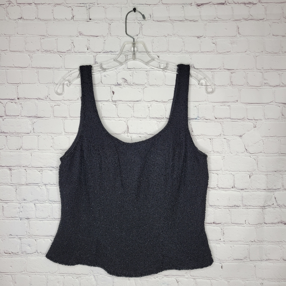 CECILY BROWN BLACK BEADED 100% SILK SLEEVELESS CROP TOP size L